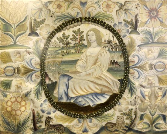 A 17th century embroidered silk portrait panel, 24 x 20in.